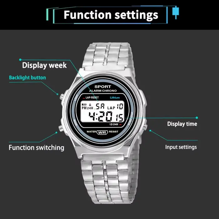 Femmes décontracté LED montre électronique rétro bracelet en acier inoxydable dames LED
