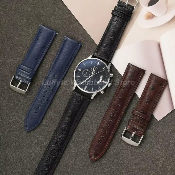 Bracelet de montre en cuir motif autruche pour hommes et femmes