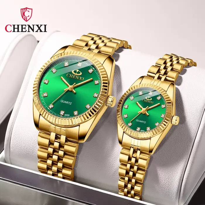 Montre de Couple Quartz en Acier Inoxydable Doré pour Femme Occasions Spéciales Mode Casual Résistante à L'Eau 3 Bars