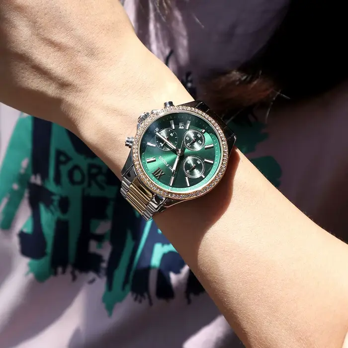 Montre multifonctionnelle MINI FOCUS en acier inoxydable pour femmes avec date automatique, chronographe et calendrier complet pour les occasions quotidiennes et spéciales