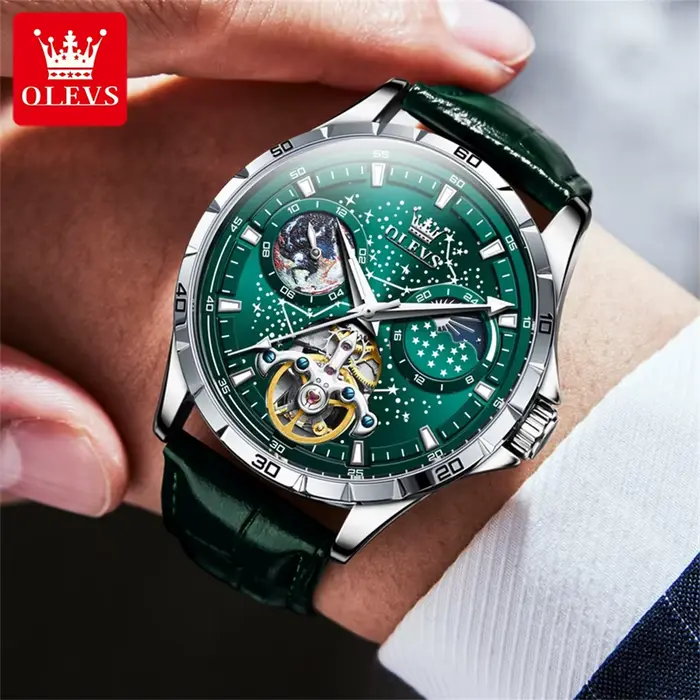 Montre Mécanique OLEVS avec Cadran Vert et Phase de Lune Élégante Bracelet en Cuir pour Hommes Occasions Spéciales Étanche Ciel Étoilé Tourbillon