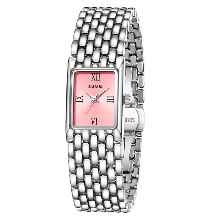 LIGE argent femmes montre carré dame montres à Quartz en acier inoxydable cadran romain montre en or