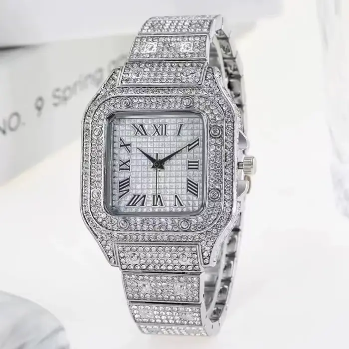 Montre carrée à ciel étoilé en acier avec diamants, mouvement quartz, affichage chiffre romain pour hommes occasions spéciales