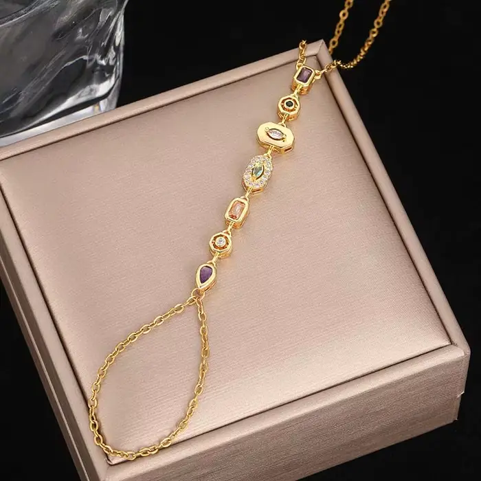 Bracelet chaîne à main en cristal coloré en acier inoxydable pour femmes, couleur or, goutte d'eau, 