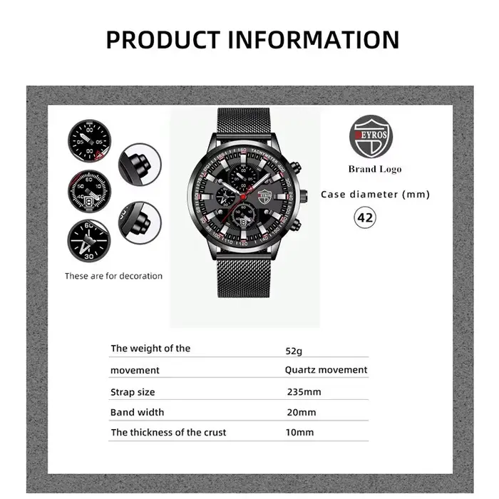 DEYROS luxe hommes d'affaires montre-bracelet à Quartz calendrier mode