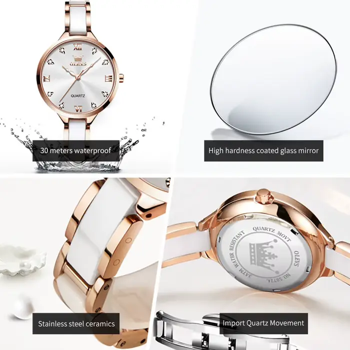 Montre à quartz étanche pour femme avec bracelet en céramique