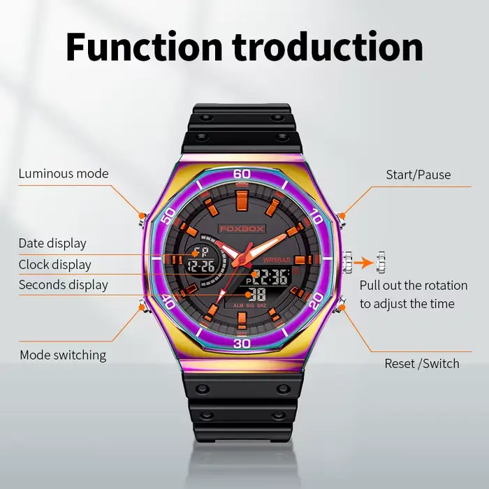 Montres FOXBOX à double affichage pour hommes, design fashion et casual, chronographe à quartz, grand cadran, bracelet en silicone, résistante à l'eau, idéale pour les activités sportives et les sorties décontractées