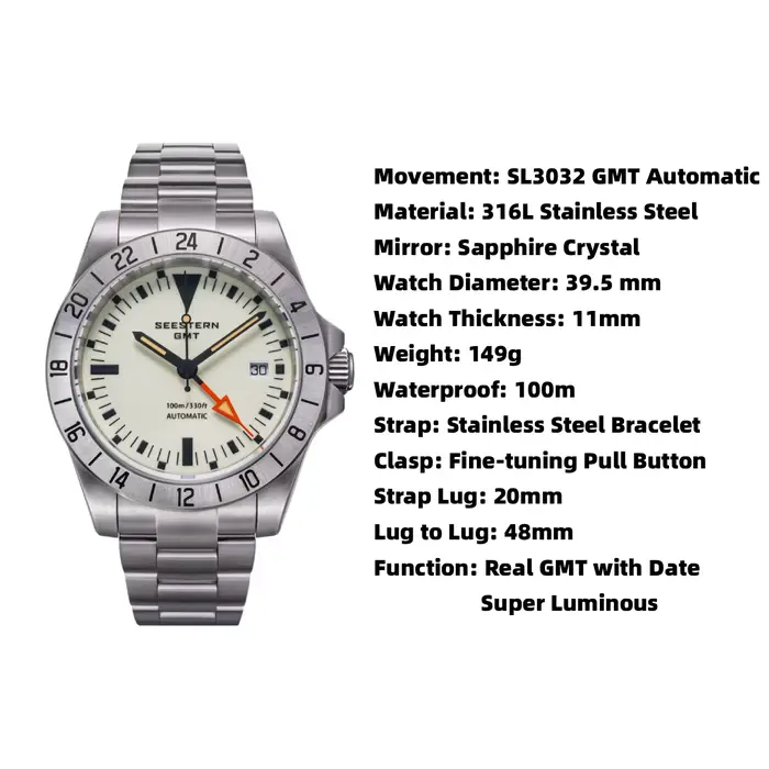 SEESTERN montre pour hommes GMT automatique NH34 mouvement saphir cristal mécanique montres lumineux réglage fin bouton de traction S436