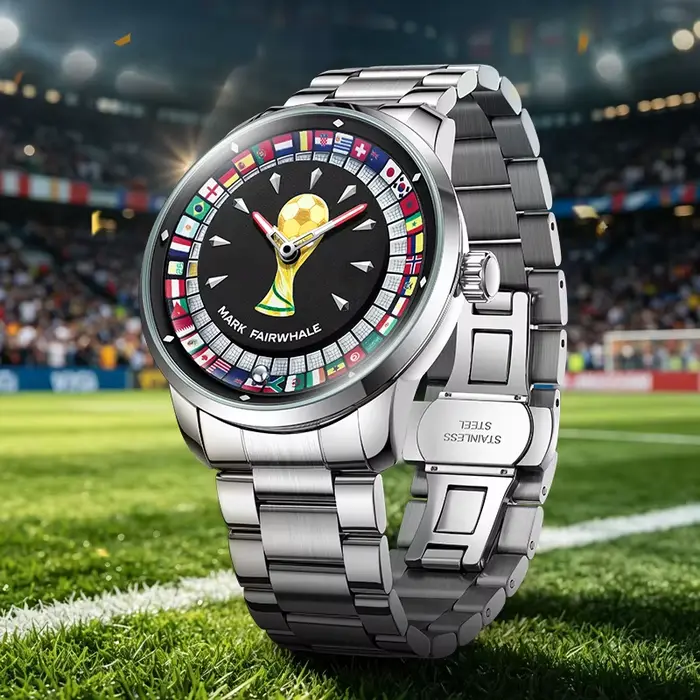 Montre homme MARK FAIRWHALE 5087 avec cadran à dial tournant drapeau, bracelet acier inoxydable, mouvement quartz, résistance à l'eau 3 bars, occasion sportive et quotidienne