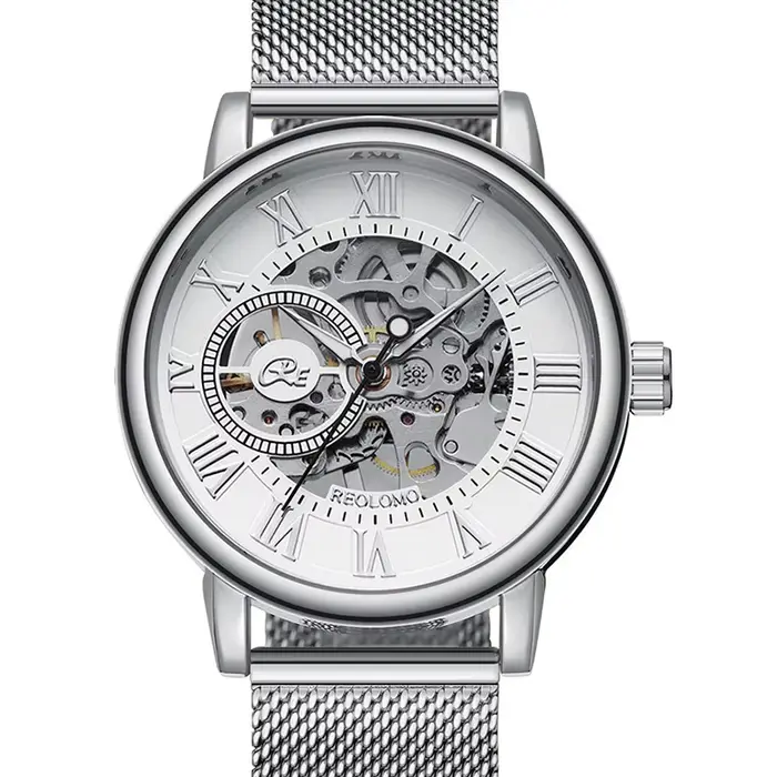 Montre mécanique à vent pour hommes, marque de luxe, mode squelette, bracelet en maille, horloge mas