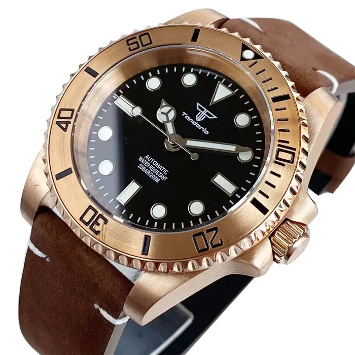 Montre automatique Tandorio Real CUSN8 en bronze avec mouvement NH35/PT5000 pour homme, résistance à l'eau 20 ATM, bracelet en cuir, occassions quotidiennes et formelles