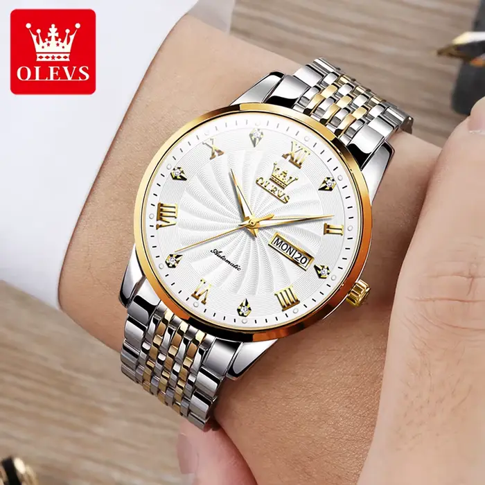 OLEVS Top marque automatique mécanique hommes montre cadran fileté étanche bracelet en acier inoxydable classique
