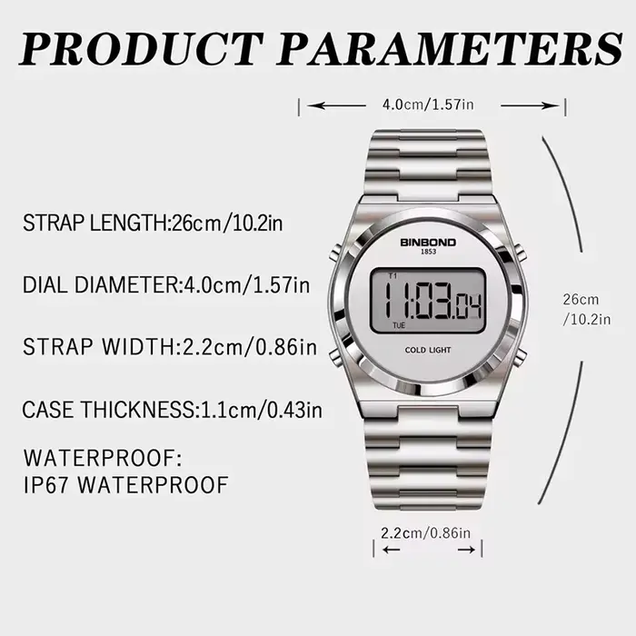 BINBOND montre de sport numérique pour hommes de luxe en acier inoxydable électronique étanche