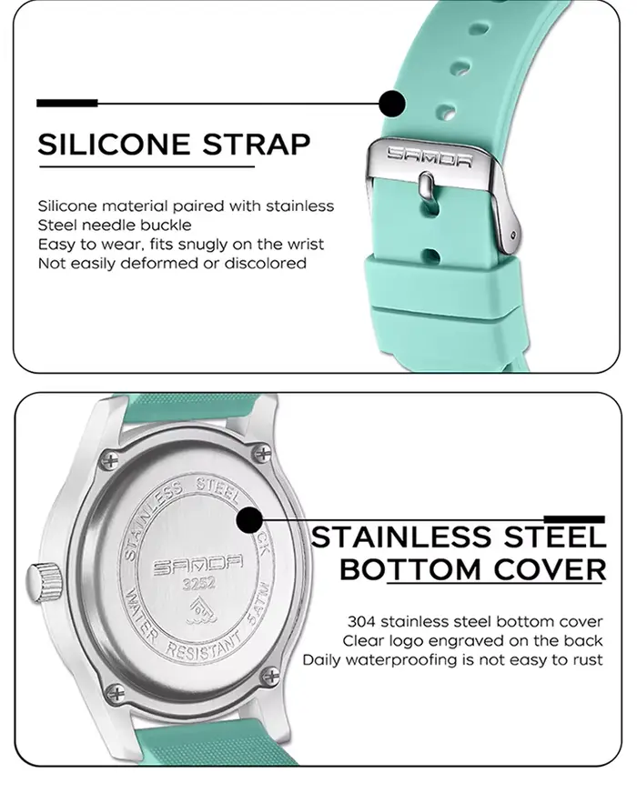 Montre SANDA en résine et silicone résistante à l'eau, avec mouvement quartz, pour femmes mode et décontractées, occasions quotidiennes et sportives