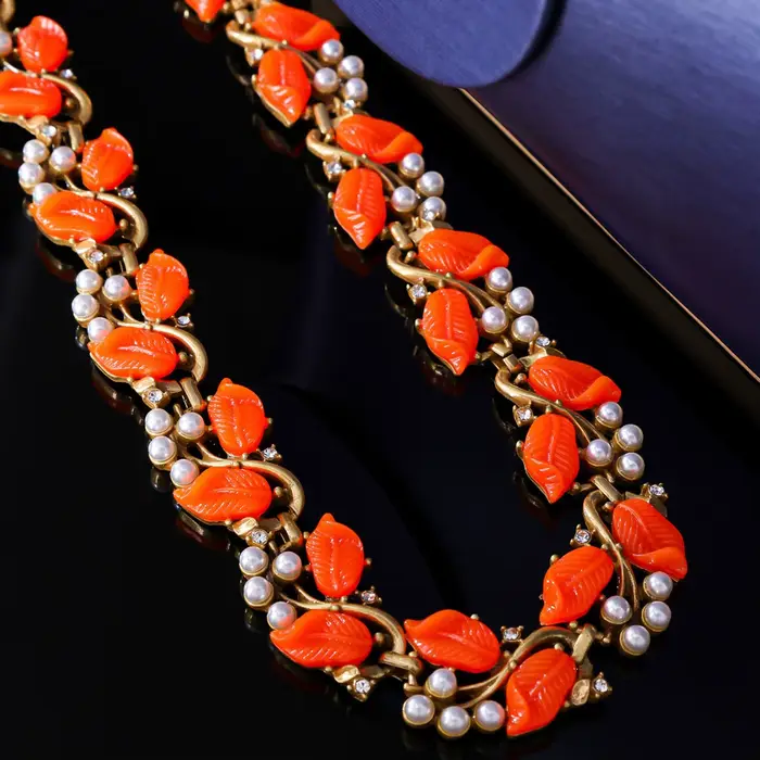 Élégant français Vintage perle conception feuille forme Bracelet boucles d'oreilles collier ensemble de bijoux de haute qualité Style Antique mode Acce...