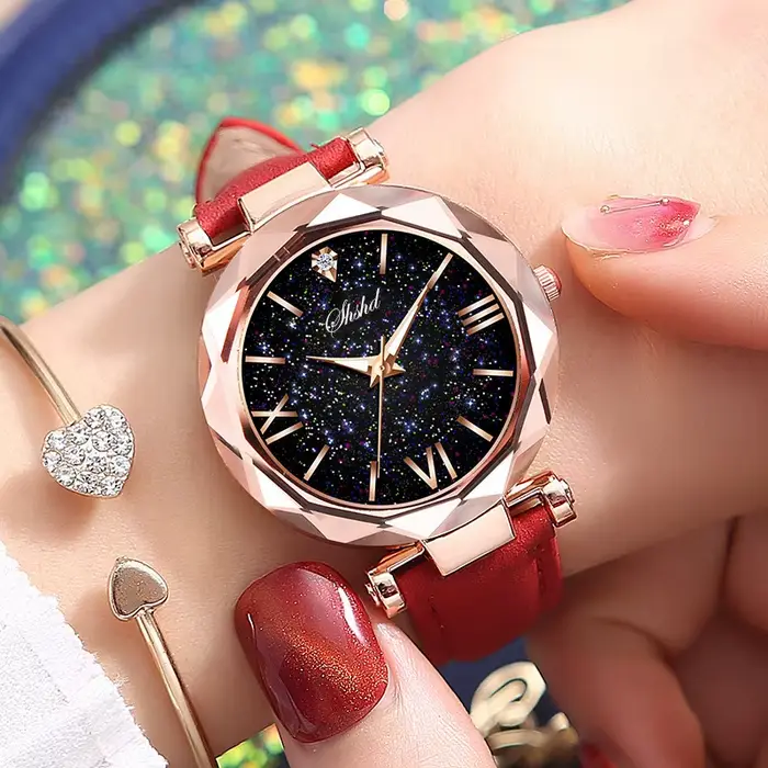 Femmes Montre lumineux strass romantique ciel étoilé Montre-bracelet dames Montre en cuir horloge po