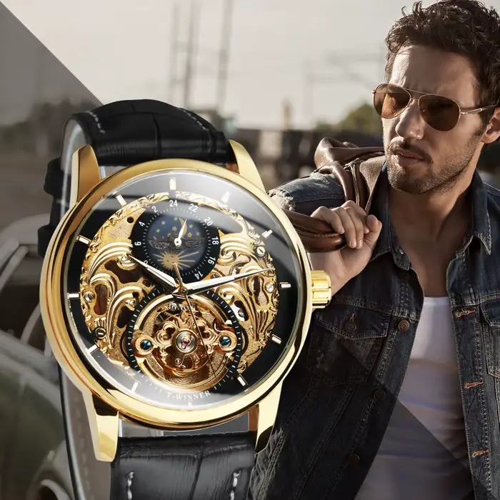 Montre de luxe T-WINNER avec tourbillon doré et bracelet en cuir pour hommes occassions formelles et informelles