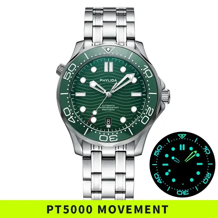 Montre PHYLIDA Acier Inoxydable 316L Cadran Vert Résistance 200m Occasions Spéciales Plongée Détente