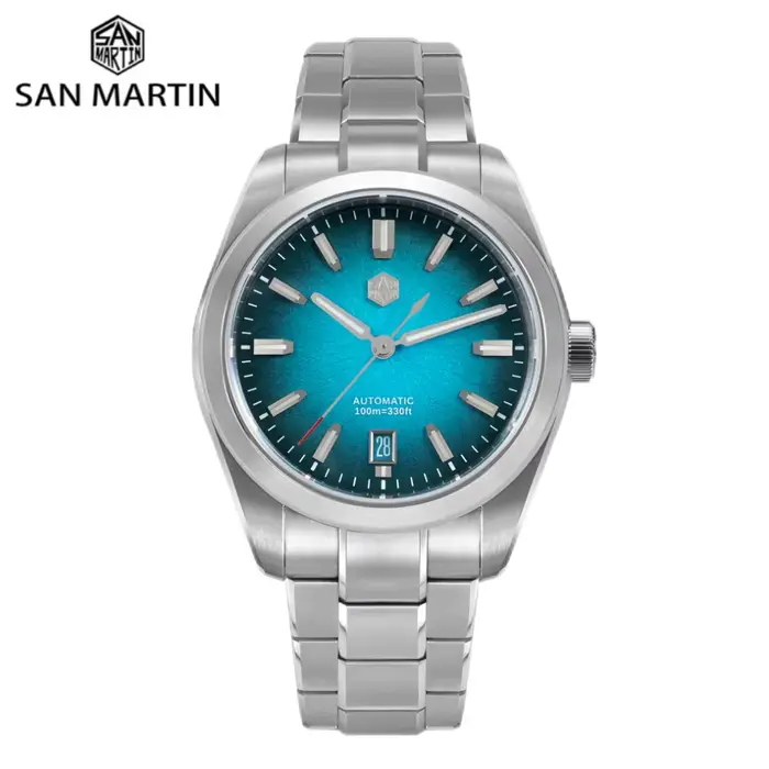 Montre San Martin en acier inoxydable avec bracelet 316L et cadran en émail dégradé bleu/orange/rouge résistante à l'eau pour homme occasions spéciales