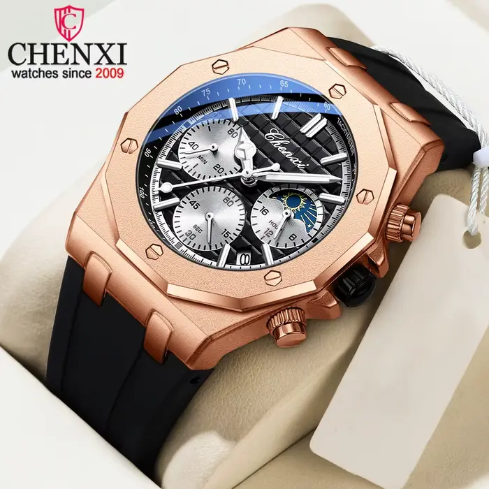 Montre CHENXI Hommes de Luxe Chronographe Sport Quartz Élégante Résistante à l'Eau Bracelet en Silicone Occasions Spéciales