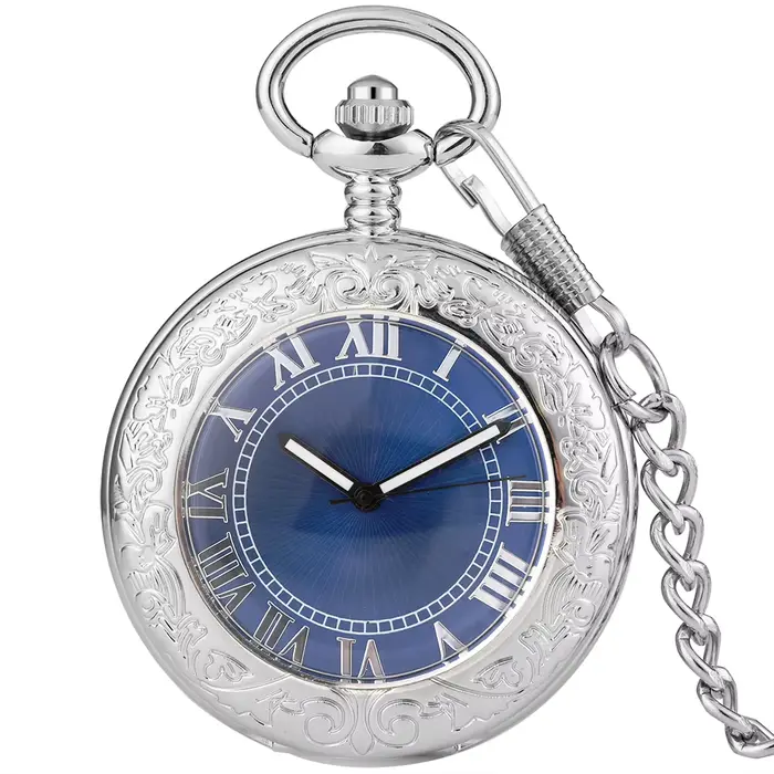 Montre à gousset — Montre de Poche Mécanique existent en Verre Transparent, Cadran Bleu, Chiffre Rom