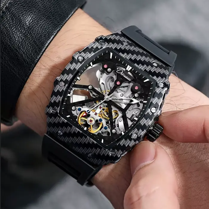 Montre mécanique dulunwe homme avec tourbillon squelette résistante à l'eau pour hommes luxe occassions spéciales quartz acier inoxydable silicone