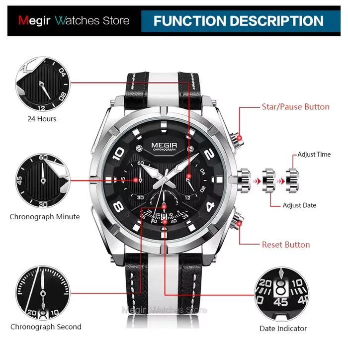 MEGIR mode hommes chronographe montres à Quartz bracelet en cuir aiguilles lumineuses 24 heures sport analogique montre-bracelet pour homme 2076 blanc