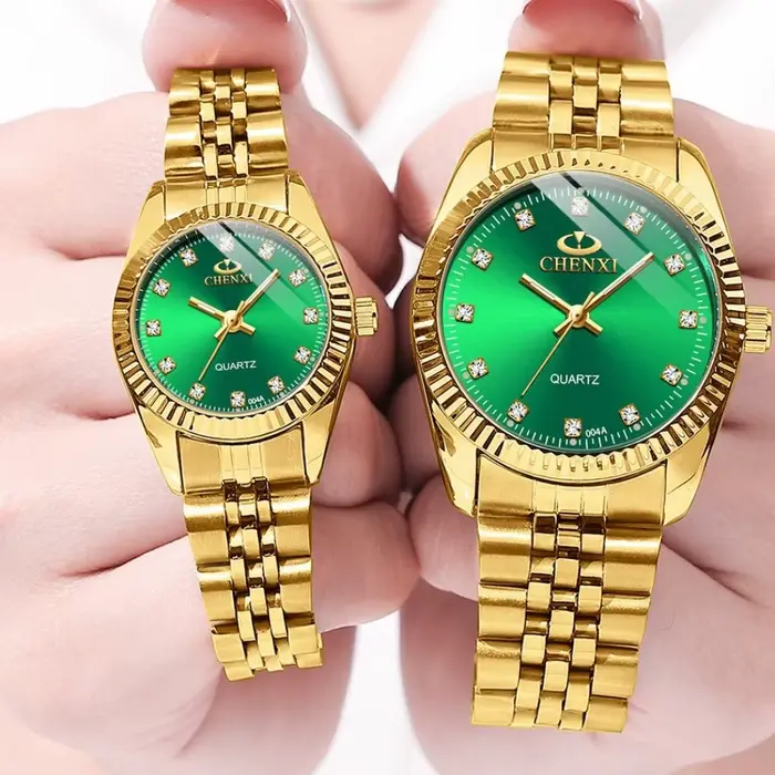 Montre de Couple Quartz en Acier Inoxydable Doré pour Femme Occasions Spéciales Mode Casual Résistante à L'Eau 3 Bars