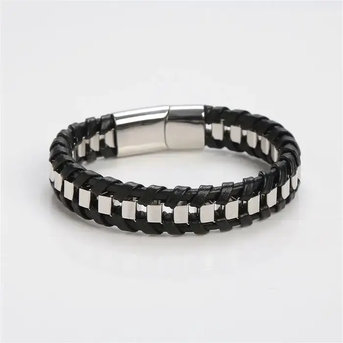Bracelet tressé en acier inoxydable et cuir tissé à la main pour hommes