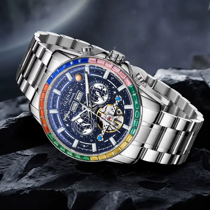 Montre mécanique de luxe GLENAW Design New Rainbow Circle pour homme