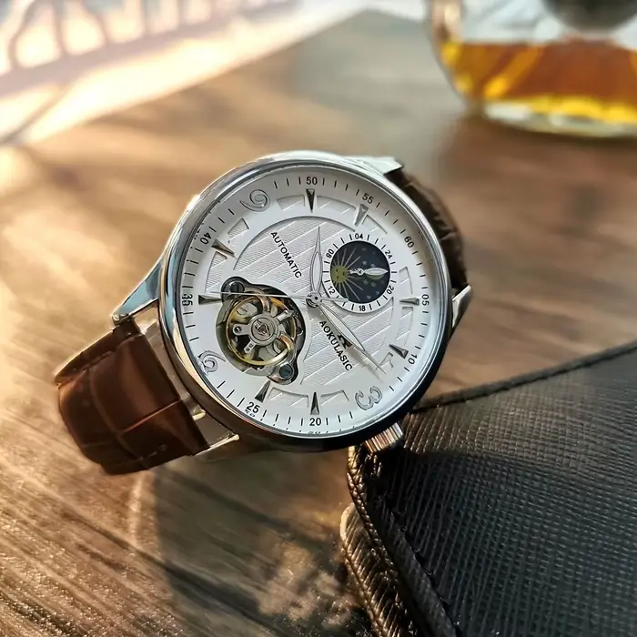 Montre mécanique de luxe AOKULASIC avec cadran squelette et bracelet en cuir pour homme style business occasions spéciales
