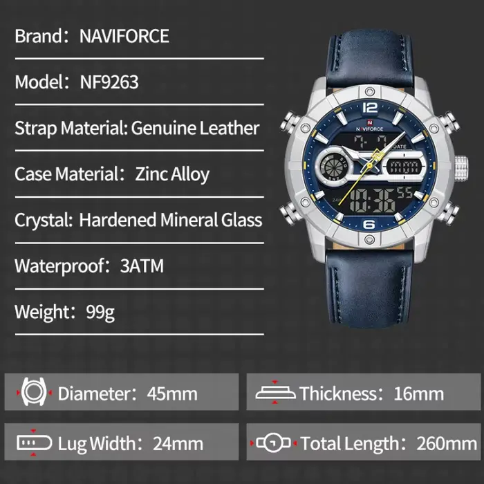 NAVIFORCE NF9263 montre pour hommes bracelet en cuir véritable chronographe alarme étanche affichage lumineux