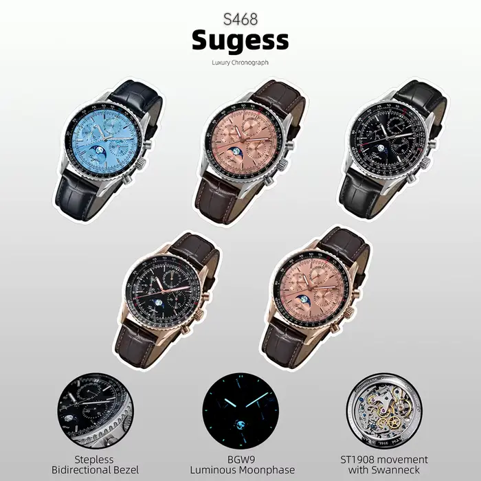 Sugess chronographe montre d'homme ST1908 mouvement à col de cygne mécanique phase de lune montres étanche calendrier Vintage nouveau S468