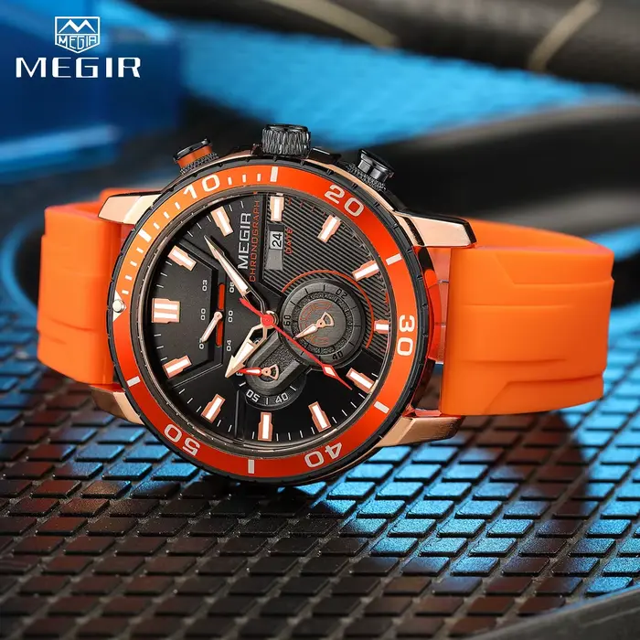 Montre de sport chronographe avec bracelet en silicone orange pour homme, résistante à l'eau, date automatique, calendrier complet, idéale pour les occasions sportives et spéciales