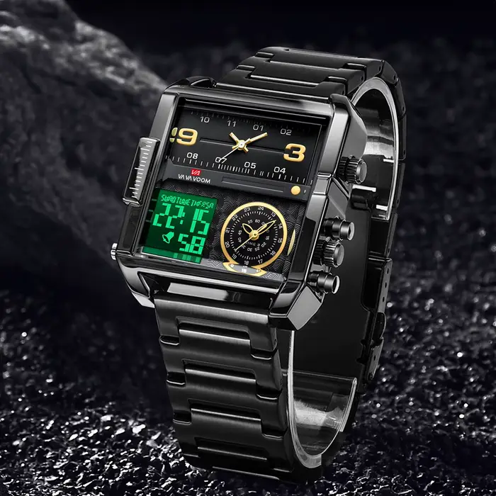 2025 nouveaux hommes montre LED mode carré créatif mouvement à Quartz noir en acier inoxydable étanche chronométrage
