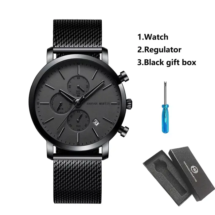 HANNAH MARTIN marque haut hommes montre noir en acier inoxydable mode étanche sport multifonctionnel