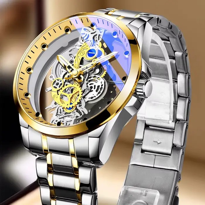 Offre spéciale mode montre transparente hommes Imitation montres mécaniques cadran lumineux bracelet en acier inoxydable