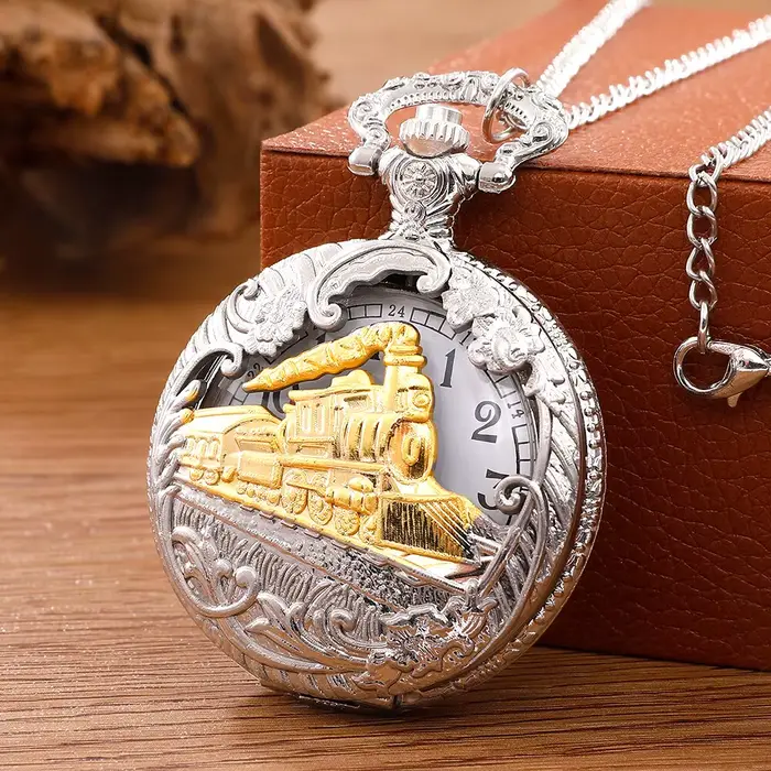 Montre de Poche avec Pendentif à Quartz pour Homme et Femme, Design Train à Vapeur Antique, Collier,