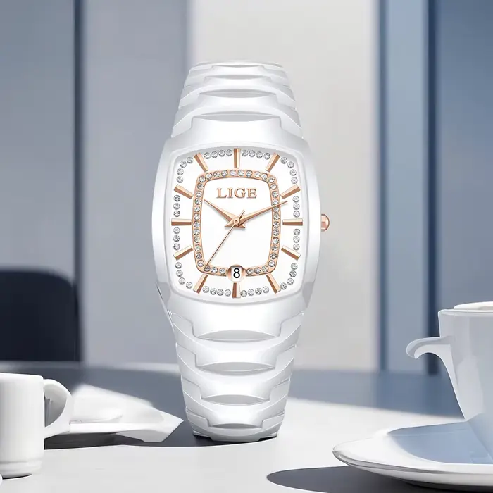 Montre à quartz de luxe LIGE pour femmes finition céramique résistante à l'eau pour toutes les occasions