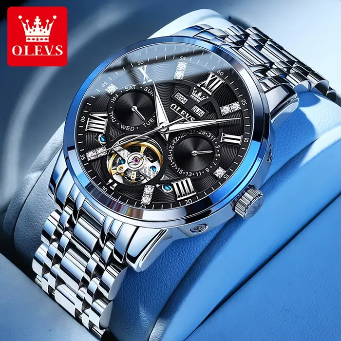 OLEVS 6701 homme montre haut tendance marque en acier inoxydable creux squelette volant automatique 
