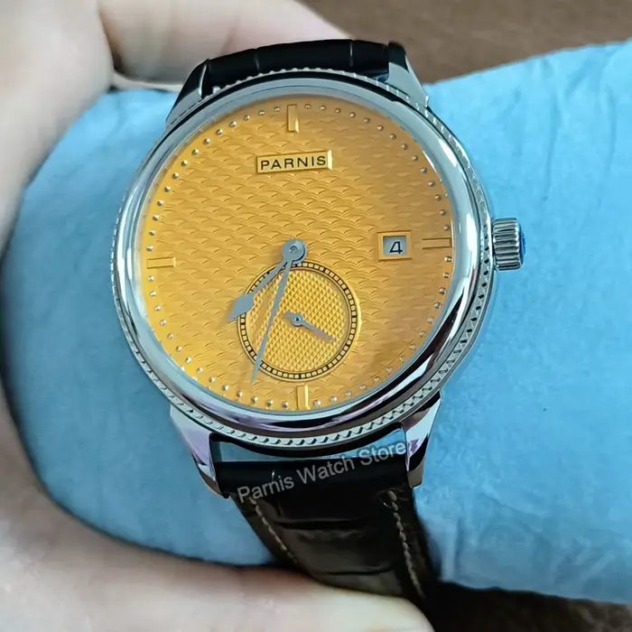 Parnis 42mm boîtier en argent cadran jaune automatique mécanique montre pour hommes réserve de marche calendrier
