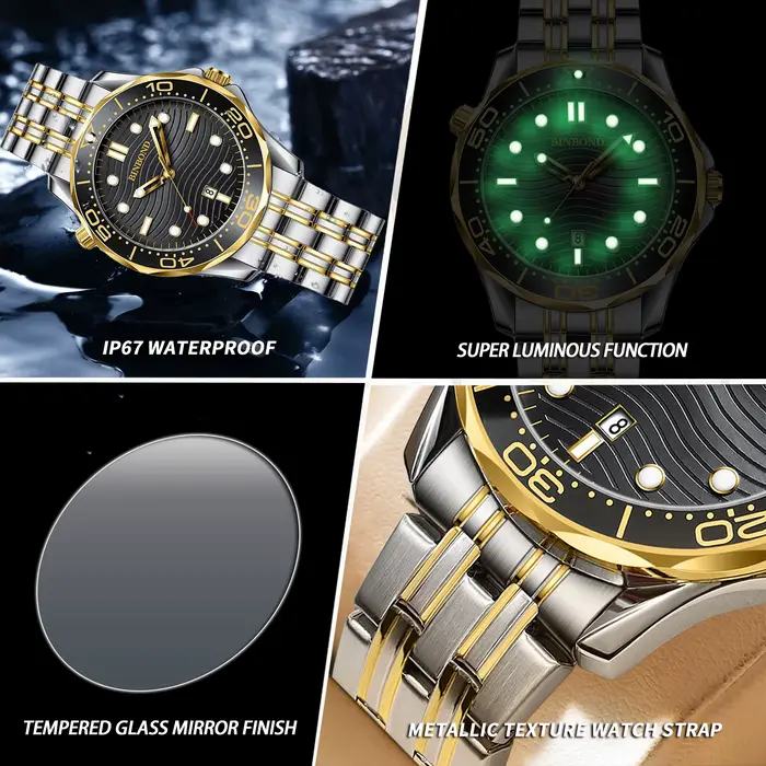 Montre à quartz de luxe BINBOND Wave of Sea pour homme