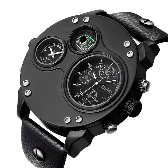 Oulm nouvelle mode Sport décontracté hommes montres en cuir noir double fuseau horaire montre-bracelet mâle Quartz grande taille luxe montre militaire