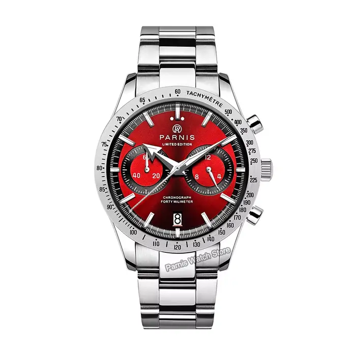 Parnis 40mm cadran rouge Quartz chronographe montre pour hommes bracelet en acier inoxydable hommes 