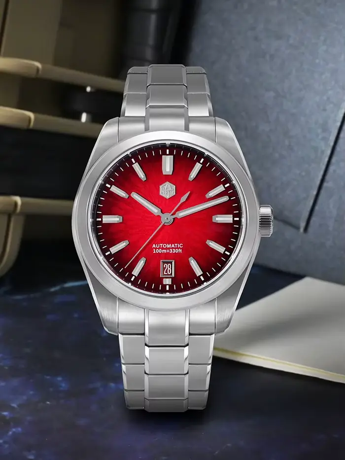 Montre San Martin en acier inoxydable avec bracelet 316L et cadran en émail dégradé bleu/orange/rouge résistante à l'eau pour homme occasions spéciales