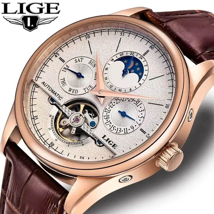 Montre automatique homme LIGE avec tourbillon et caractéristiques complètes pour homme, cuir véritable, résistante à l'eau et robuste pour tous les jours