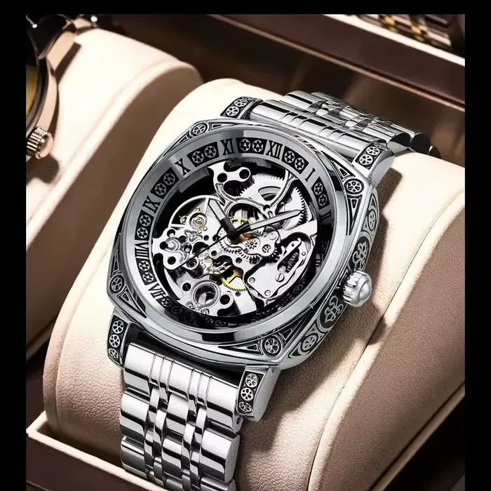 Montre Squelette Luxe Homme Automatique Carré Gravé Bracelet Acier Cuir Aiguilles Lumineuses Occasions Spéciales