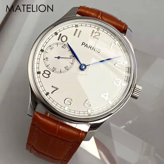 Montre rétro Tandorio avec mouvement manuel pour hommes, boîtier en acier inoxydable, bracelet en cuir pour occasions spéciales et tous les jours