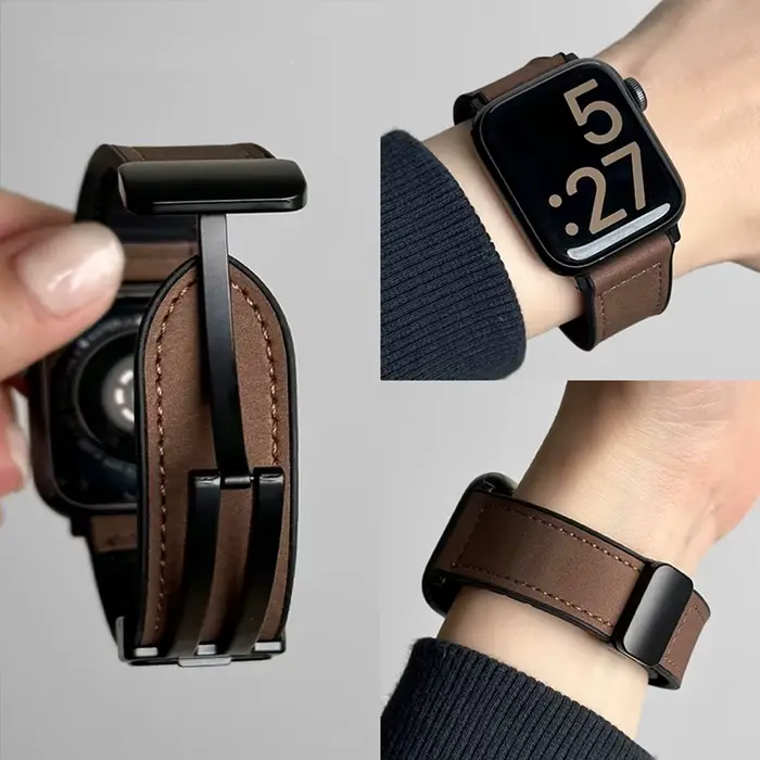 Bracelet en silicone et cuir pour Apple Watch Série 10 9 8 7 6 12mm 14mm Compatible Bracelet Magnétique Multicolore Unisexe Occasions Spéciales