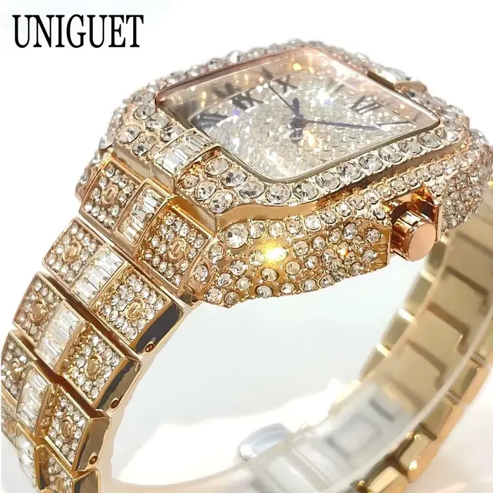 UNIGUET montre de mode pour hommes de luxe Rose carré glacé
